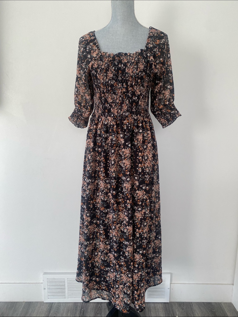 Mikarose Black Babydoll Maxi Dress Peach Floral Print Sz M Smocking Sheer Sleeve - Picture 2 of 13